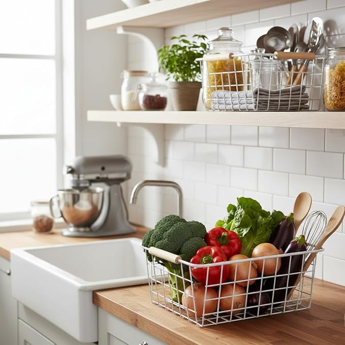 Metal Wire Food Storage Basket Organizer with Wooden Handles for Organizing Kitchen Cabinets 6 Pack White (3 Szie)