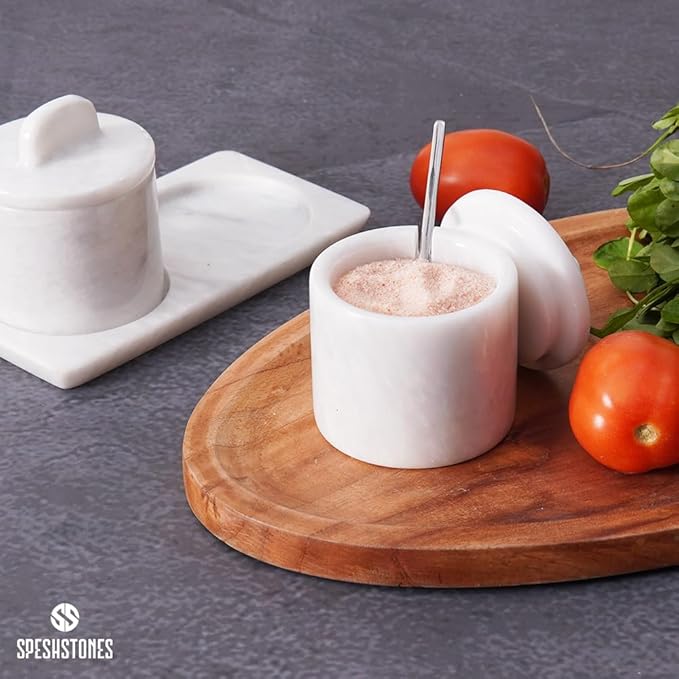 Marble Salt Cellar White 4 Inch Salt Jar with Lid, Table Salt Containers for Countertop, Salt Dish, Salt Holder, Spice Jars, Sugar Bowl, Seasoning Container Set of 2, Salt Dispenser