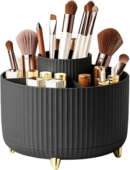 360° Rotating Makeup Brush Holder for Vanity, Elegant Black Makeup Organizer for Bathroom Countertop, Skincare & Cosmetic Storage Case