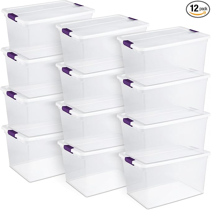 Sterilite 66 Qt ClearView Latch Storage Box, Stackable Bin with Latching Lid, Organize Clothes, Blankets, Items in Closet, Clear Base and Lid, 12-Pack