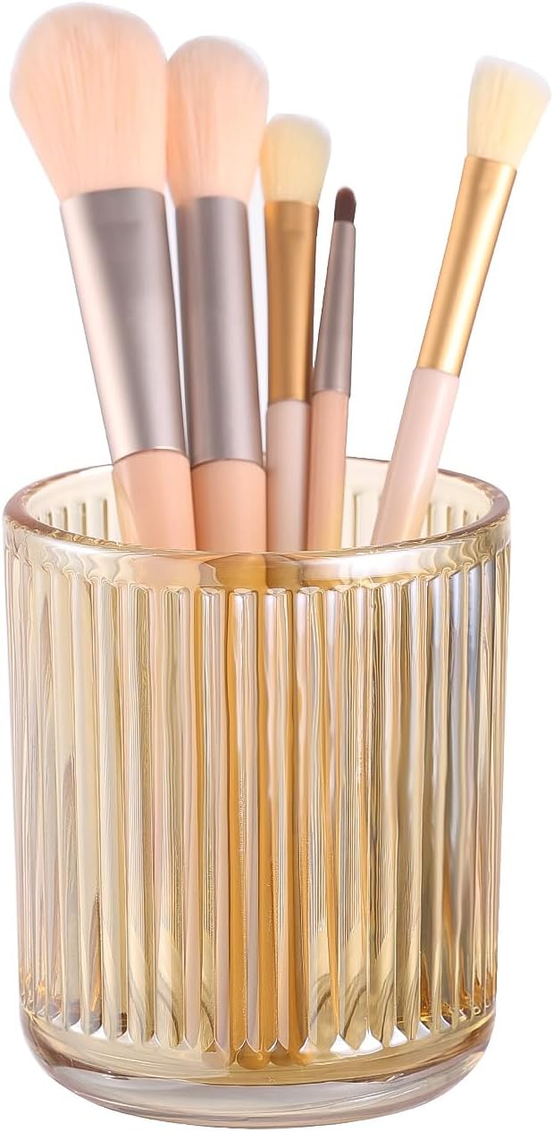 DASITON Makeup Brush Holder Organizer, Crystal Glass Makeup Brushes Storage Holder, Vintage Make Up Brush Cup for Vanity, Pen Pencil Holder for Desk, Toothbrush Holders for Bathroom (Coffee S)