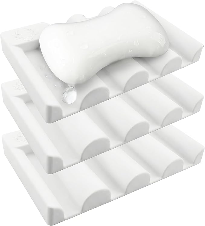 Silicone Soap Dish,Self Draining Soap Holder Perfect for Shower,Bathroom Sink,Kitchen Sink & Travel,Non-Slip Bar Soap Holder Extend Soap Life,Keep Soap Bars Dry & Easy Cleaning White-3Pcs