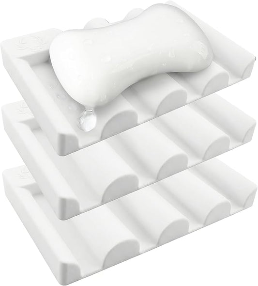 Silicone Soap Dish,Self Draining Soap Holder Perfect for Shower,Bathroom Sink,Kitchen Sink & Travel,Non-Slip Bar Soap Holder Extend Soap Life,Keep Soap Bars Dry & Easy Cleaning White-3Pcs