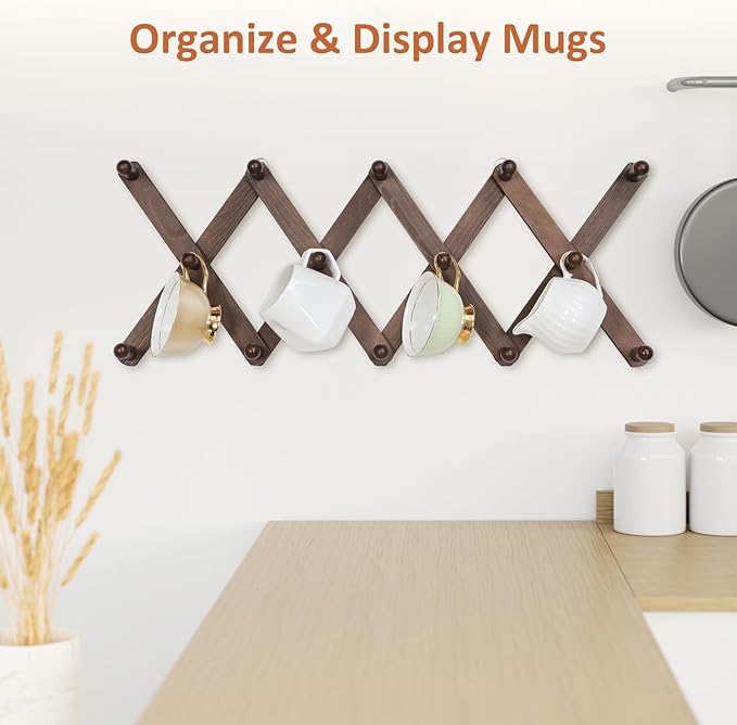 Accordion Wall Hanger, Hat Rack for Wall with 14 Coat Hooks, Expandable Hat Hangers Organizer, Vintage Decorative Coat Rack Wall Mount for Purse, Mug (Brown)