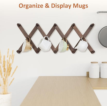 Accordion Wall Hanger, Hat Rack for Wall with 14 Coat Hooks, Expandable Hat Hangers Organizer, Vintage Decorative Coat Rack Wall Mount for Purse, Mug (Brown)