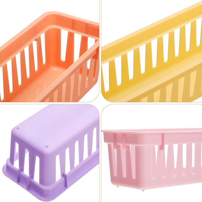 Domensi 12 Pack Slim Plastic Storage Baskets Tray for Organizing 10.25x3.25x2.5 Inch Small Narrow Storage Bins Stackable Drawer Pencil Trays Holder for Desk Garage Cabinet Container (Vivid Colors)