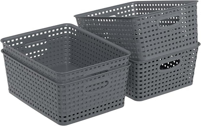 Set of 4 Plastic Woven Storage Baskets, 11.41" x 8.86" x 4.6", Pantry Kitchen Organizer Bins, Gray