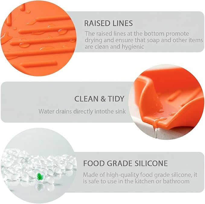 MicoYang Silicone Bathroom Soap Dishes with Drain Spout-Bathroom and Kitchen Sink Organizer,Sponge Holder,Dish Soap Tray,Perfect for Dispenser,Scrubber,Bottle,Cup on Sink or Counter-Orange 4.9"×3.2"
