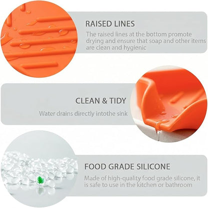 MicoYang Silicone Bathroom Soap Dishes with Drain Spout-Bathroom and Kitchen Sink Organizer,Sponge Holder,Dish Soap Tray,Perfect for Dispenser,Scrubber,Bottle,Cup on Sink or Counter-Orange 4.9"×3.2"