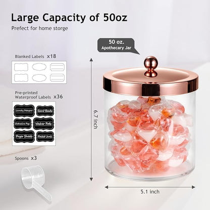 SheeChung 3 Pack 50 Oz Large Apothecary Jar with Rose Gold Rust-Proof Lid - Shatterproof Plastic Laundry Pods Container - Chic Rose Gold Bathroom & Vanity Storage Organizer for Scent Beads, Salts