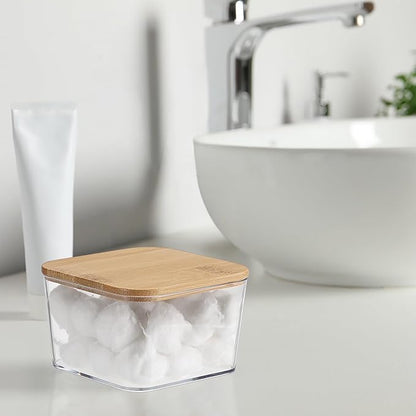 Hipiwe 2 Pcs Plastic Cotton Swab Organizer with Lid Clear Apothecary Jars Bathroom Accessories Dispenser Set Square Storage Canister for Cotton Balls Pads Floss Picks