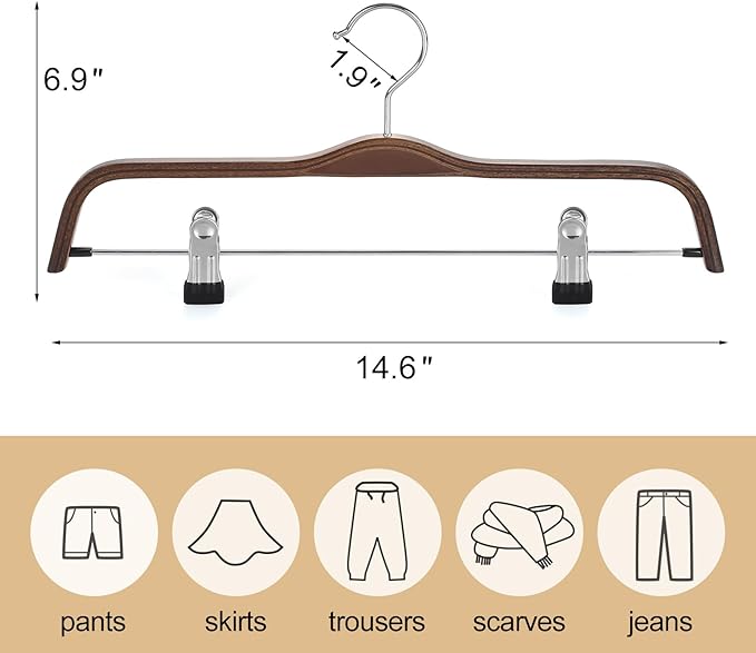 TOPIA HANGER Wooden Pants Hangers, Slim Natural Wood Skirt Hangers with Anti-Rust Hook and Adjustable Metal Clips, Perfect for Skirts, Pants, Slacks-20 Pack-CT17A20