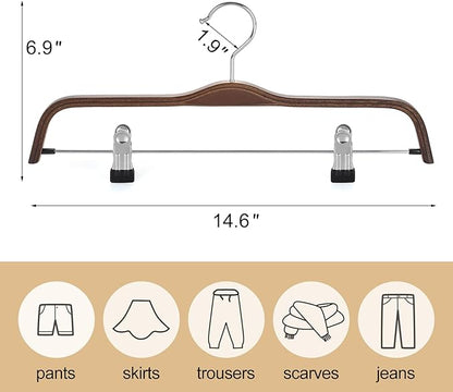 TOPIA HANGER Wooden Pants Hangers, Slim Natural Wood Skirt Hangers with Anti-Rust Hook and Adjustable Metal Clips, Perfect for Skirts, Pants, Slacks-20 Pack-CT17A20