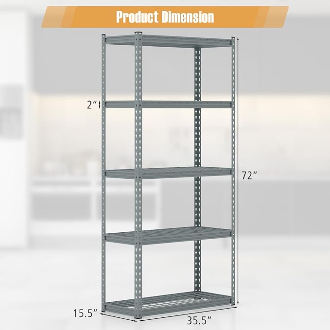 Goplus 5-Tier Metal Shelving Unit, Heavy Duty Wire Storage Rack with Anti-Slip Foot Pads, Height Adjustable Shelves for Warehouse, Kitchen, Living Room, Garage, 15.5" D×35.5" W×72" H