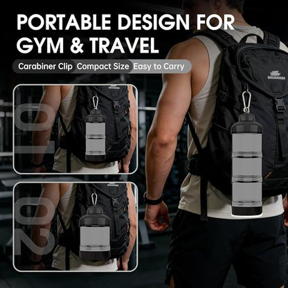BYLWORKOUT 3 Layers Protein Travel Container with Funnel and Keychain | Cute Protein and Kitchen Storage Containers | Clear Plastic Kitchen Grade Box Organisers for Workout and Travel (Black)