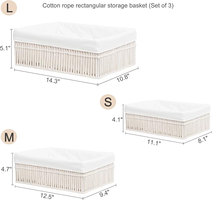 Cotton Rope Storage Baskets (Set of 3) - Hand Woven Organizing Basket with Removable Liner & Iron Frame, Decorative Shelf Storage for Closet & Bedroom (Off-white)