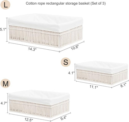 Cotton Rope Storage Baskets (Set of 3) - Hand Woven Organizing Basket with Removable Liner & Iron Frame, Decorative Shelf Storage for Closet & Bedroom (Off-white)