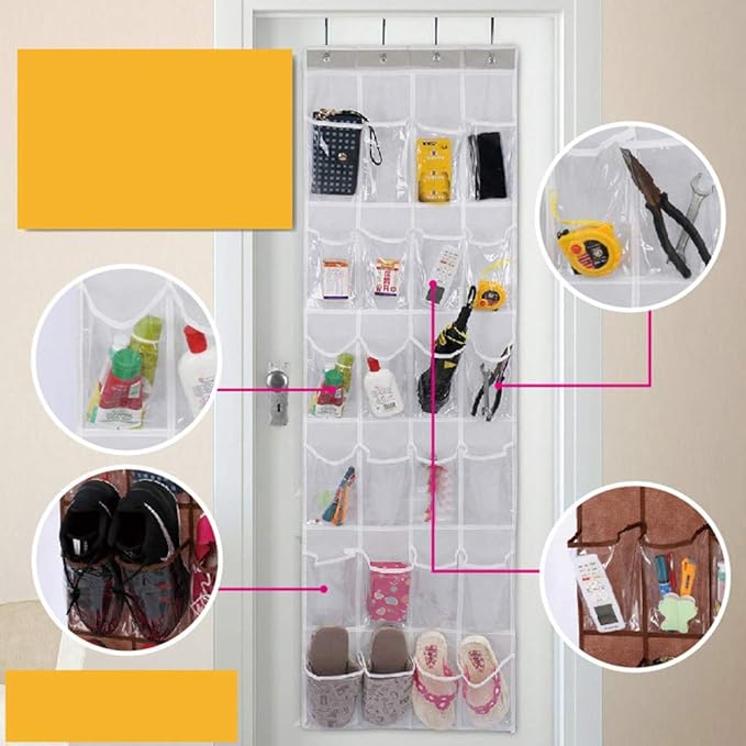 Over the Door Shoe Organizer, Hanging Shoe Rack for Door, Large Capacity Shoe Organizer Holder with 24 Large Pockets for Closet Storage, Clear Hanging Shoe Shelves Shoe Hanger Storage Organizer Bag (D)