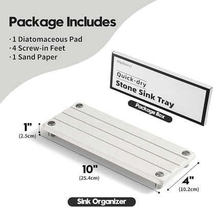 Razborci Quick Dry Bathroom Tray & Kitchen Sink Organizer, Water Absorbing Countertop Sponge Holder Soap Dish, Diatomaceous Earth Stone Vanity Dispenser Toothbrush Bottle, Gray Beige, 10" x 4"