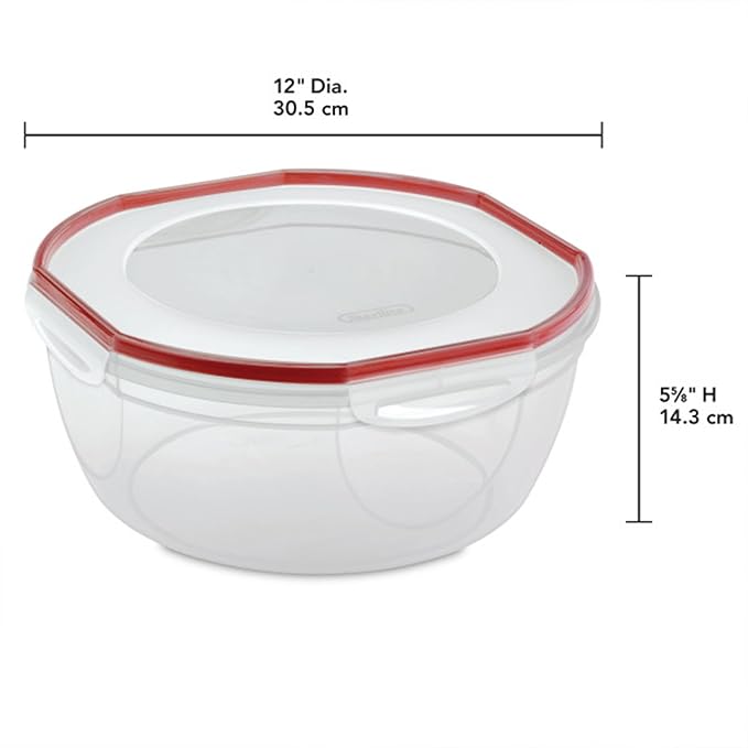 Sterilite Ultra-Seal 8.1 Qt Bowl, Large Airtight Food Storage Container, Latching Lid, Microwave and Dishwasher Safe, Clear With Red Gasket, 8-Pack