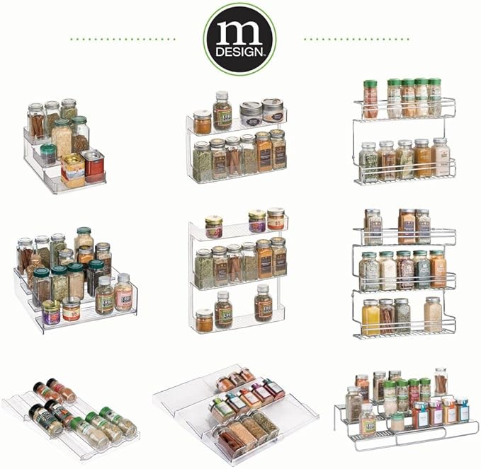 mDesign Expandable Plastic Deluxe Spice Rack, Drawer Organizer for Kitchen Cabinet Drawers, 3 Tier Slanted for Spice Jars, Food Seasoning Bottle Storage, Ligne Collection - Clear