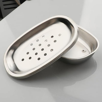Stainless Steel Soap Dish with Double Layer Draining for Bathroom, Chrome Brushed Nickel Soap Box with Drainage, Shower Countertop Tray (Dots)