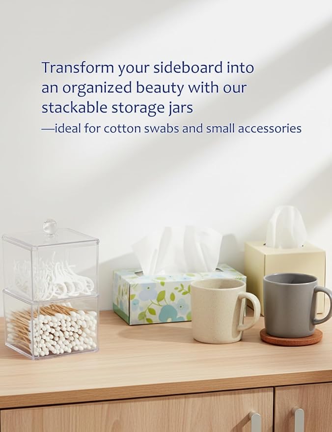 Cotton Swab Holder with Clear Plastic Lid, Double Layer Cotton Bud Dispenser, Premium Plastic Organizer for Guest Bathroom Vanity, Floss Pick & Hair Tie Storage Container