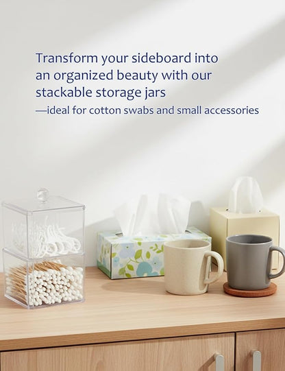 Cotton Swab Holder with Clear Plastic Lid, Double Layer Cotton Bud Dispenser, Premium Plastic Organizer for Guest Bathroom Vanity, Floss Pick & Hair Tie Storage Container