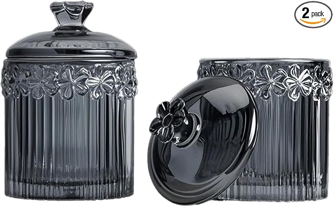 Qtip Holder Glass Apothecary Jars with Lids Set, 2 Pack Crystal Q-tip Canister Jar Bathroom Vanity Organizer for Cotton Ball, Cotton Swab, Floss, Candy - Grey