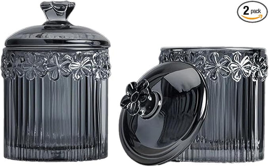 Qtip Holder Glass Apothecary Jars with Lids Set, 2 Pack Crystal Q-tip Canister Jar Bathroom Vanity Organizer for Cotton Ball, Cotton Swab, Floss, Candy - Grey