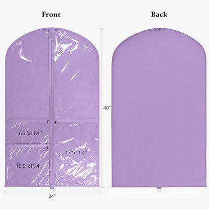 Univivi Dance Costume Bags Garment Bag 40 Inch Hanging Clothes for Dance Competitions, with 3 Medium Clear Zipper Pockets for Dance Costumes, Closet Storage (Purple, 2 Pack)