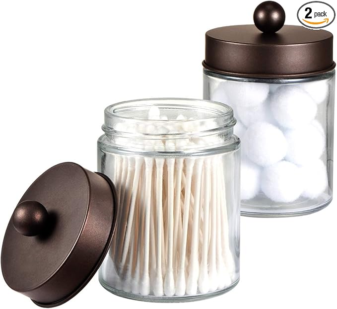 Amolliar Apothecary Jars Bathroom Storage Organizer - Cute Qtip Dispenser Holder Vanity Canister Jar Glass with Lid for Cotton Swabs,Rounds,Bath Salts,Makeup Sponges,Hair Accessories/Bronze (2 Pack)