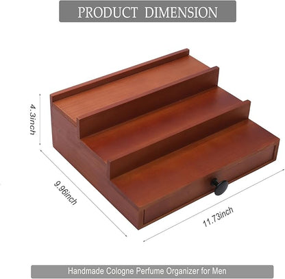 3 Tier Cologne Organizer for Men - Brown Wooden Cologne Perfume Display Stand with Drawer and Hidden Compartment, Mens Cologne Rack Holder Shelf for Room