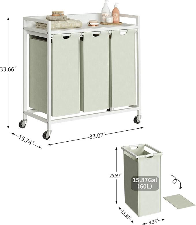 Herture Laundry Hamper with Shelf, Laundry Basket 3 Section, Laundry Sorter with Pull-Out Removable Large Bags and Movable Wheels, Metal Frame, 3 x 15.87 Gallons (60L), White PF04XLW