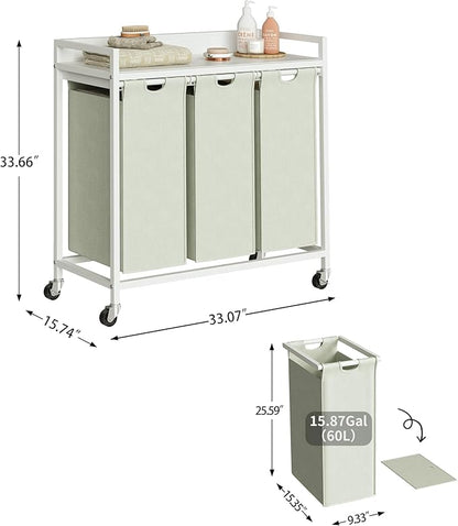 Herture Laundry Hamper with Shelf, Laundry Basket 3 Section, Laundry Sorter with Pull-Out Removable Large Bags and Movable Wheels, Metal Frame, 3 x 15.87 Gallons (60L), White PF04XLW