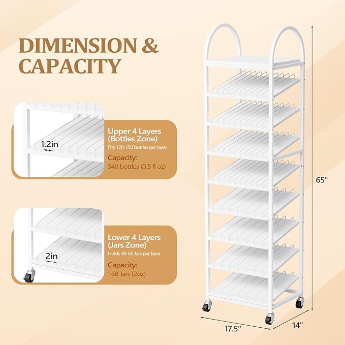 OmySalon Rolling Nail Polish & Powder Display Stand - 8 Tier Mobile Nail Salon Organizer Rack with Wheels, Holds 600 Bottles & 240 Jars for Nail Artists, Salon Display, Retail Store (White)