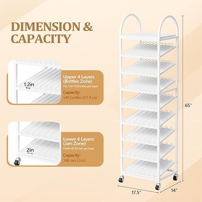 OmySalon Rolling Nail Polish & Powder Display Stand - 8 Tier Mobile Nail Salon Organizer Rack with Wheels, Holds 600 Bottles & 240 Jars for Nail Artists, Salon Display, Retail Store (White)