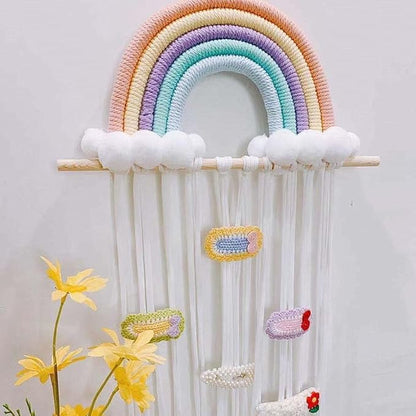 Rainbow Tassels Hair Bows Holder Hanging Baby Hair Accessories Storage Headband Holder Hair Clips Organizer Rainbow Hairpins Hanger Wall Hanging Rainbow Decoration