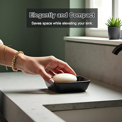 Ceramic Soap Dish, Square Shower Case with Drain Grid, Compact Bathroom Soap Holder for Sink Countertop, Decorative Ceramic Soap Saver Tray, Dish for Liquid or Bars (Black)