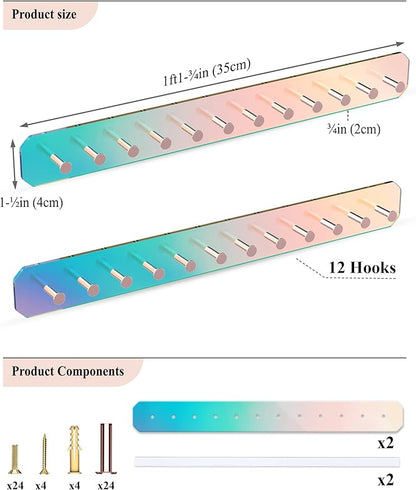 NiHome Wall Mount Acrylic Jewelry Organizer 2-Pack, Durable Sleek Rack Strong Carbon Steel Hooks for Dressing Table, Bathroom, Kitchen, Hassle-Free Installation Multiple Mounting Options (Iridescent)