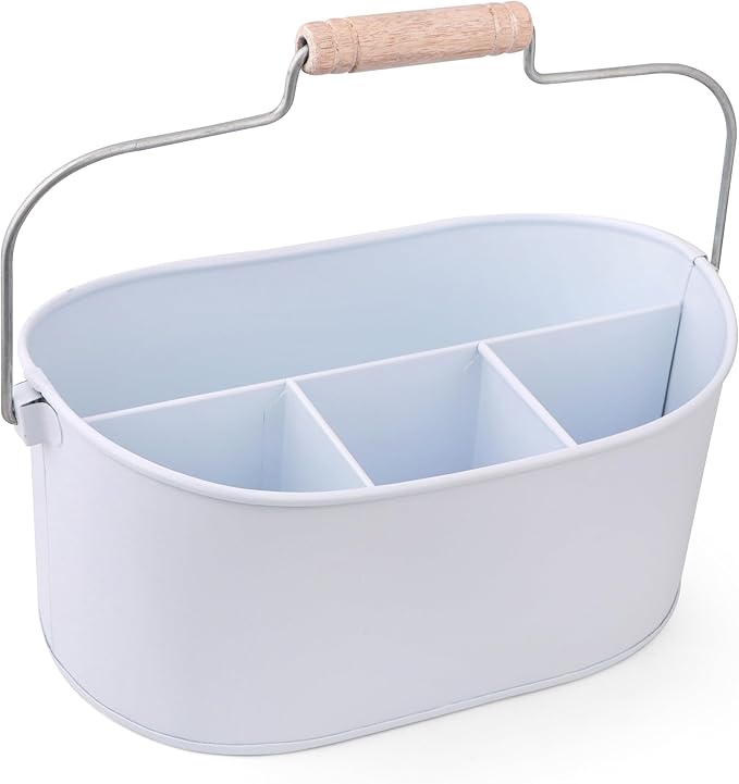 Alpha Living Home Farmhouse 4 Section Galvanized Utensil Caddy - Versatile Organizer for Kitchen, Party & Outdoor Events Rustic Silverware Holder, Cutlery Organizer, Picnic (White)