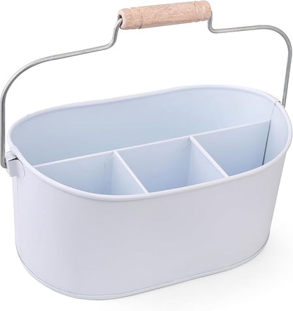 Alpha Living Home Farmhouse 4 Section Galvanized Utensil Caddy - Versatile Organizer for Kitchen, Party & Outdoor Events Rustic Silverware Holder, Cutlery Organizer, Picnic (White)