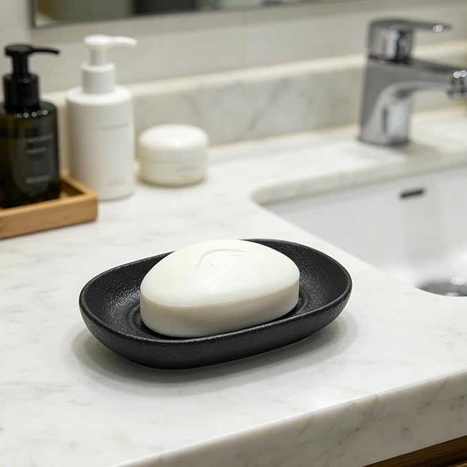 Ceramic Soap Dish for Bathroom & Kitchen Sink- Black Matte Textured Finish Bar Soap Holder for Shower - Easy to Clean Small Simple Oval Soap Dishes Holders for Bar Soaps, Sponges, Jewelry