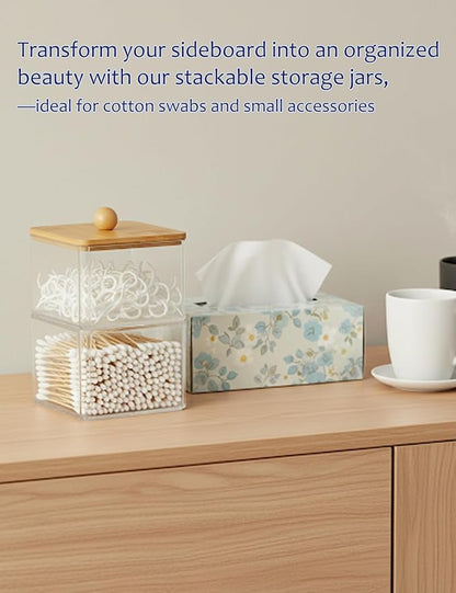 Cotton Swab Holder with Bamboo Lid, Double Layer Cotton Bud Dispenser, Premium Plastic Organizer for Guest Bathroom Vanity, Floss Pick & Hair Tie Storage Container