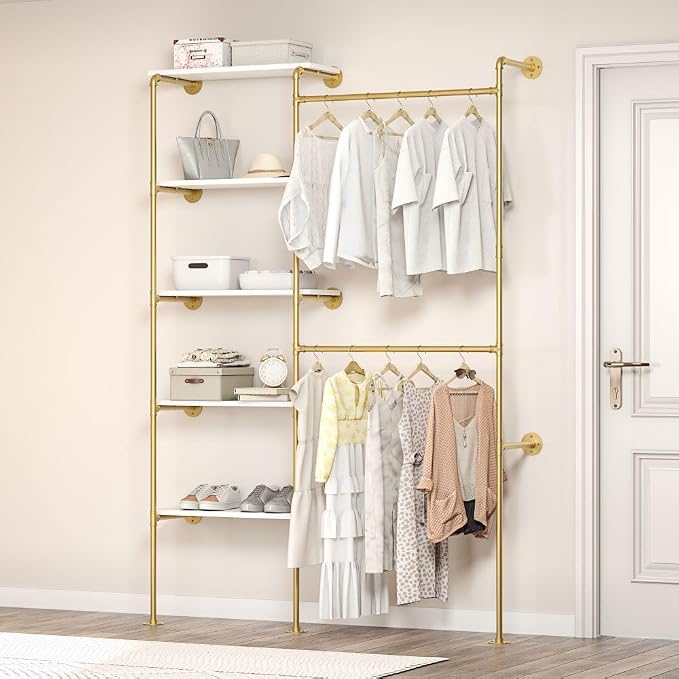 Industrial Pipe Clothing Rack, Wall Mounted DIY Garment Rack with 2 Adjustable Rod & 5 Shelves, Heavy Duty Closet Organizers System in Wardrobe Closet, Gold