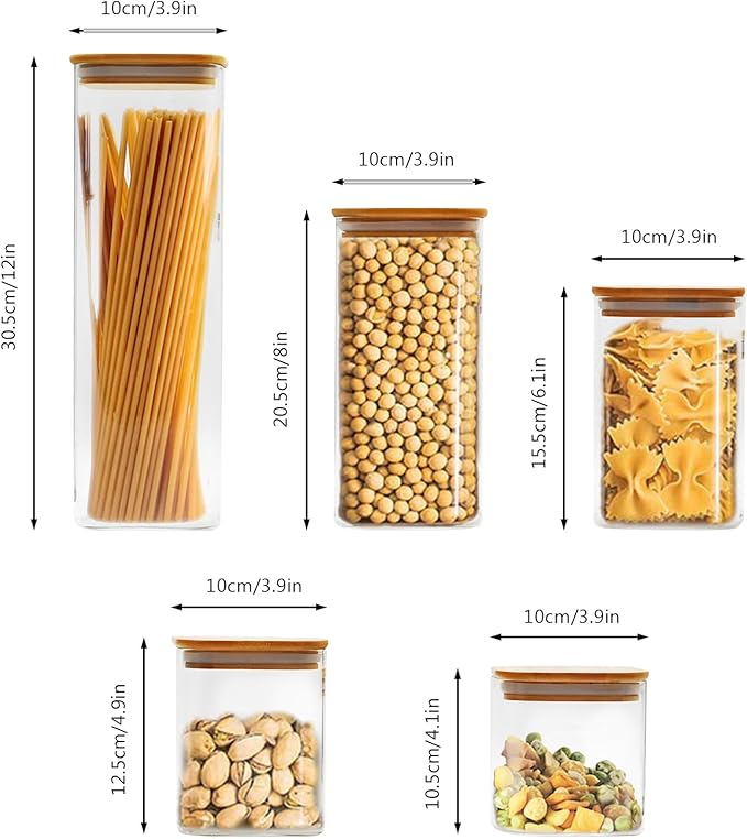5 Pack Glass Food Storage Jars, Clear Glass Canister Food Jar with Bamboo Wooden Lid Food Storage Container for Sugar, Pasta, Snack, Coffee Beans, Cookies, Nuts, Coffee Beans