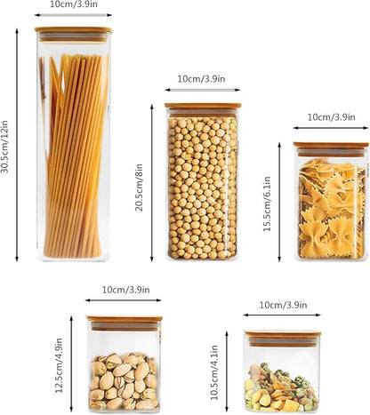 5 Pack Glass Food Storage Jars, Clear Glass Canister Food Jar with Bamboo Wooden Lid Food Storage Container for Sugar, Pasta, Snack, Coffee Beans, Cookies, Nuts, Coffee Beans