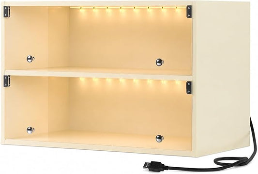 Sneaker Display Case with Lights featuring LED Intelligent Control Shoe Storage Box, Stackable LED Shoe Box Wood Shoe Display Case for Luxury Sneaker Storage (Beige 2-layer)