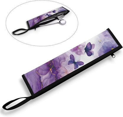 COEQINE Marble Utensil Holder Purple Butterfly Travel Utensil Case Silverware Carrying Bag Portable Leakproof Cutlery Pouch Straws Sleeve Knife Fork Spoon Organizer Holder for Picnic Travel