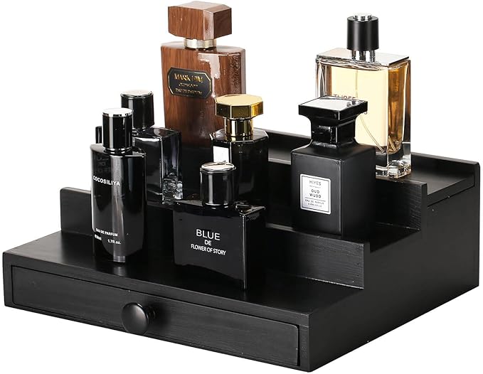 Black Wooden Cologne Organizer for Men - 3 Tier Wooden Perfume Display Stand with Drawer and Hidden Compartment for Organizing and Storing, Cologne Holder Shelf for Dresser